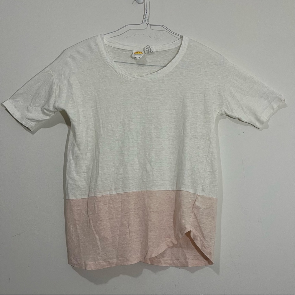 C&C California 100% Linen Colorblock Short Sleeve Top S Round Neck Asymmetrical